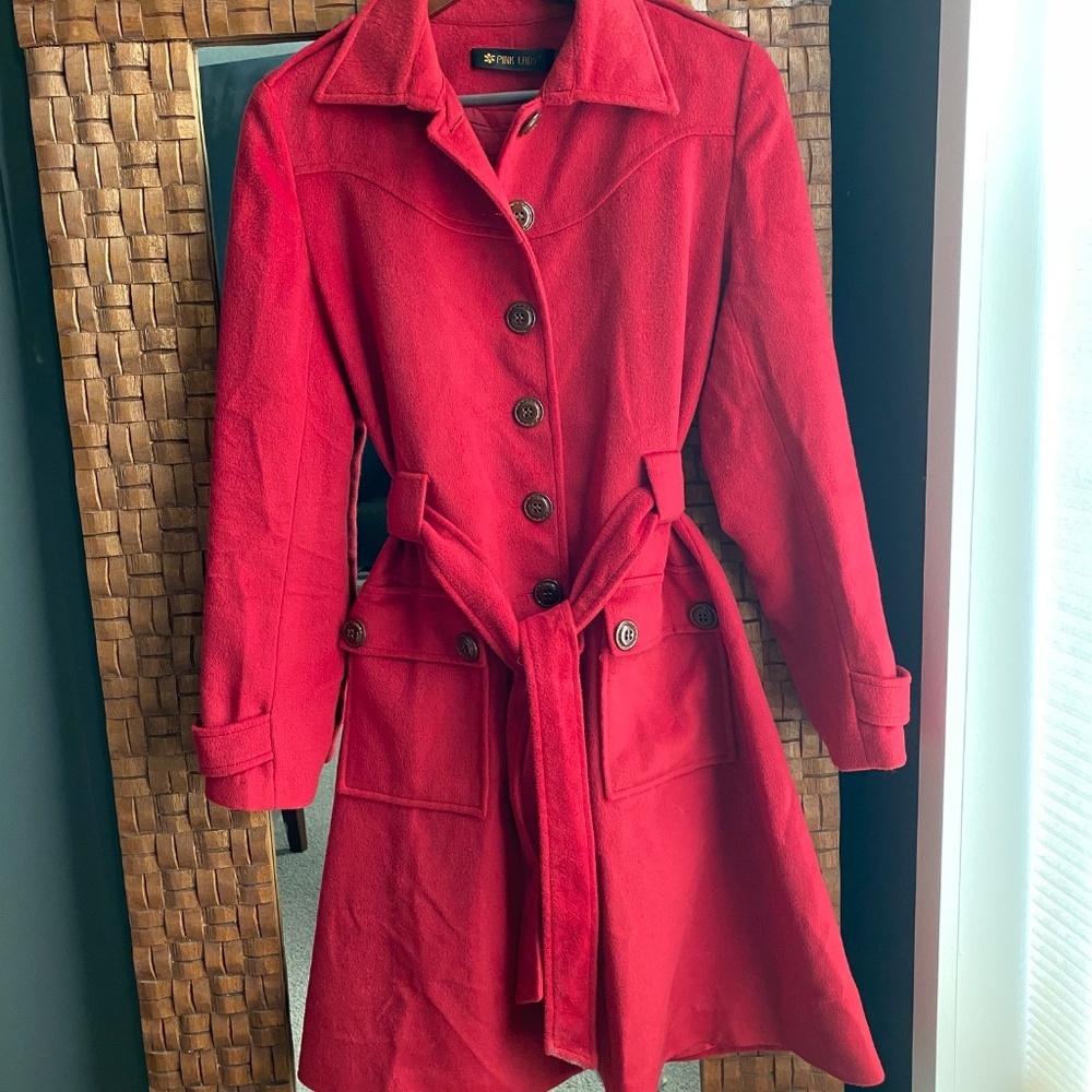 Pink Lady Red Wool Blend Peacoat with Large Brown Button Detialing